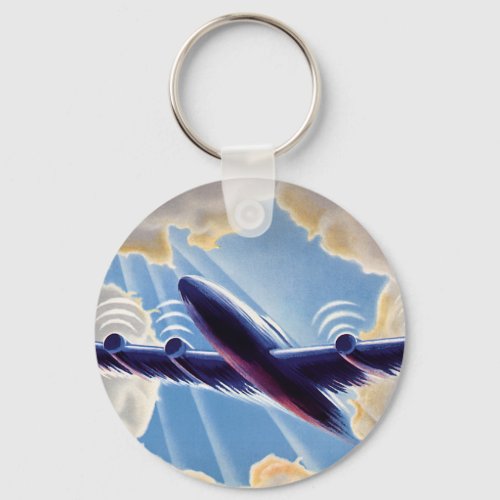 Vintage Travel Airplane Flying in Clouds in Sky Keychain