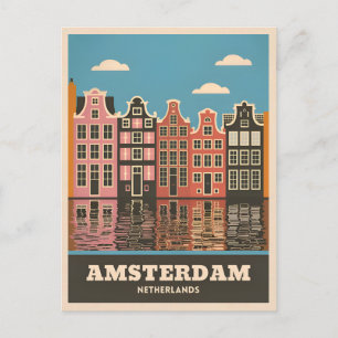 Vintage Travel Amsterdam Netherlands Canal Houses Postcard