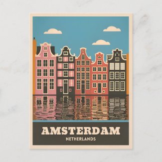 Vintage Travel Amsterdam Netherlands Canal Houses