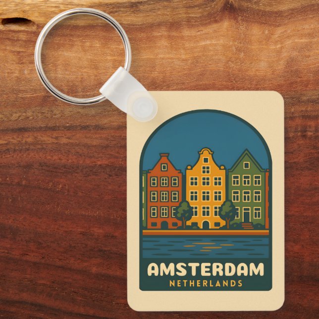Vintage Travel Amsterdam Netherlands Retro Scenic Keychain (Front)