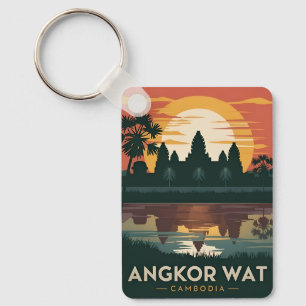 Vintage Travel Angkor Wat Cambodia Retro Sunset Keychain