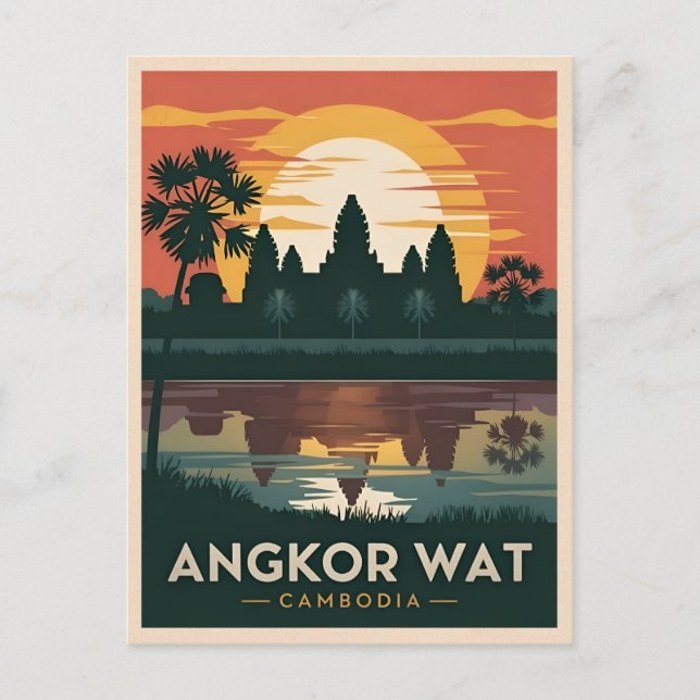 Vintage Travel Angkor Wat Cambodia Retro Sunset Postcard (Front)