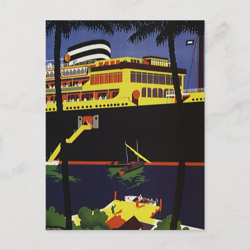Vintage Travel Art Deco Cruise Ship in Port Postcard