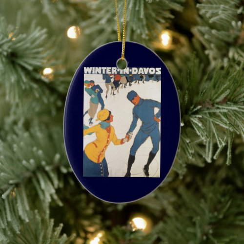 Vintage Travel, Art Deco, Winter Davos Switzerland Ceramic Ornament