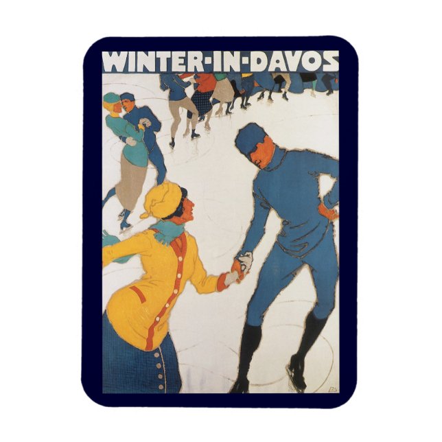 Vintage Travel, Art Deco, Winter Davos Switzerland Magnet (Vertical)