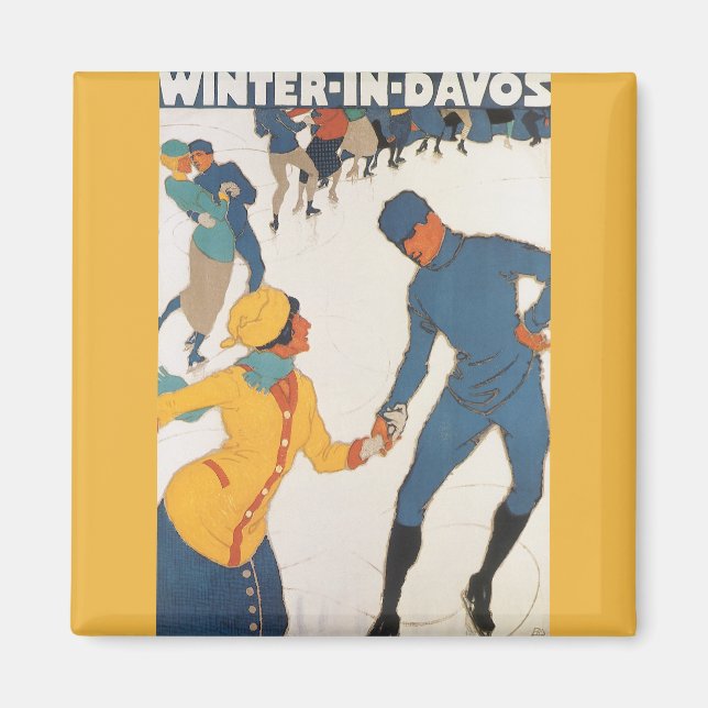 Vintage Travel, Art Deco, Winter Davos Switzerland Magnet (Front)
