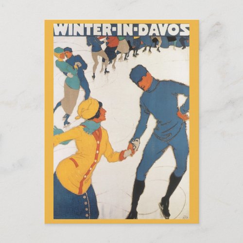 Vintage Travel Art Deco Winter Davos Switzerland Postcard