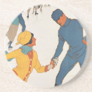 Vintage Travel, Art Deco, Winter Davos Switzerland Sandstone Coaster