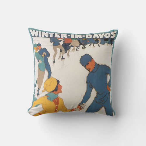 Vintage Travel Art Deco Winter Davos Switzerland Throw Pillow