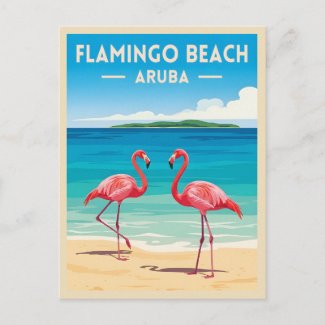 Vintage Travel Aruba Flamingo Beach Retro Scenic