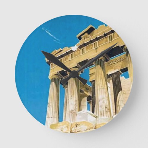 Vintage Travel Athens Greece Parthenon Temple Round Clock