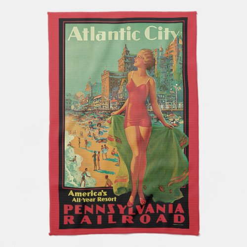 Vintage Travel Atlantic City Resort Beach Blonde Kitchen Towel