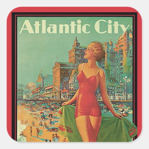 Vintage Travel Atlantic City Resort Beach Blonde Square Sticker