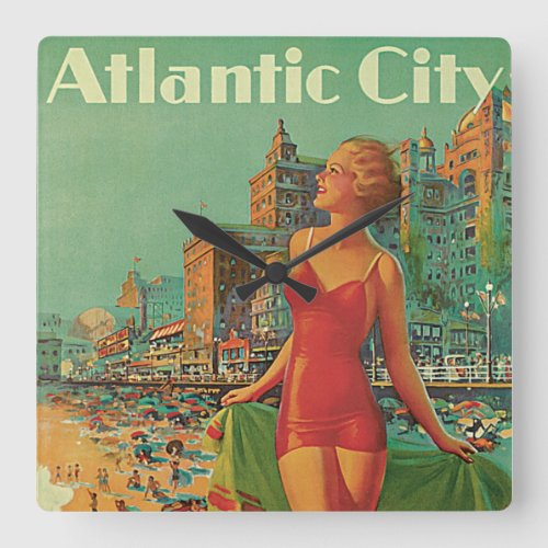 Vintage Travel Atlantic City Resort Beach Blonde Square Wall Clock