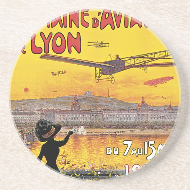 Vintage Travel, Aviation Airplanes, Lyon, France Coaster (Front)