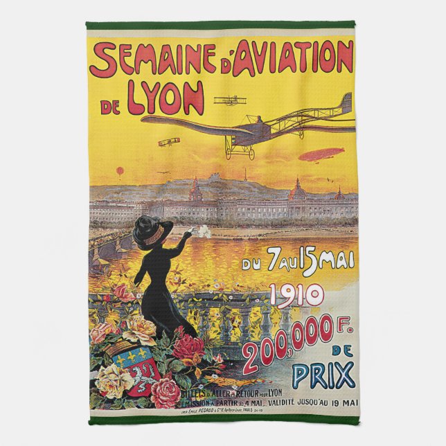 Vintage Travel, Aviation Airplanes, Lyon, France Kitchen Towel (Vertical)