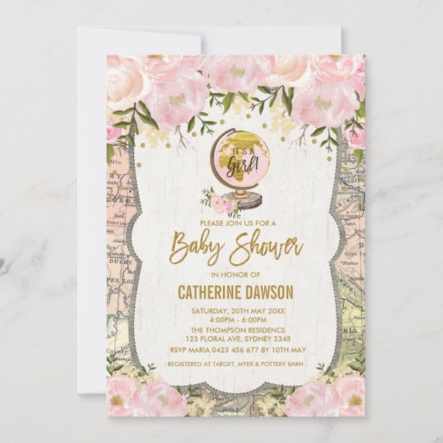 Vintage Travel Baby Girl Shower Invitation Floral (Front)