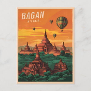 Vintage Travel Bagan Myanmar Sunset Retro Scenic Postcard