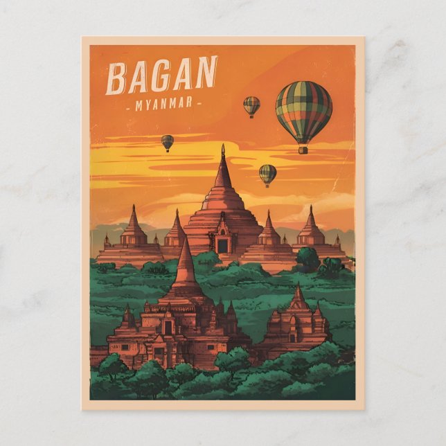 Vintage Travel Bagan Myanmar Sunset Retro Scenic Postcard (Front)