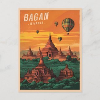 Vintage Travel Bagan Myanmar Sunset Retro Scenic