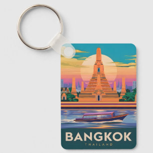 Vintage Travel Bangkok Thailand Sunset Temple Keychain