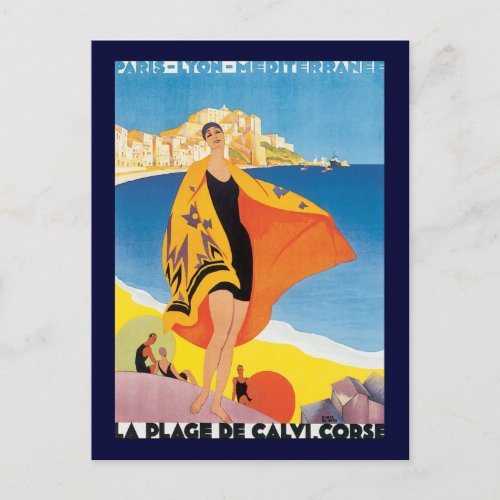 Vintage Travel Beach Vacation at Calvi Corsica Postcard