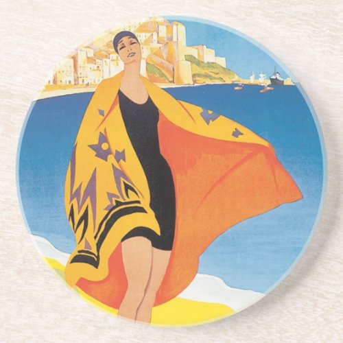 Vintage Travel Beach Vacation at Calvi Corsica Sandstone Coaster