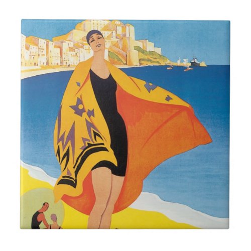 Vintage Travel Beach Vacation at Calvi Corsica Tile