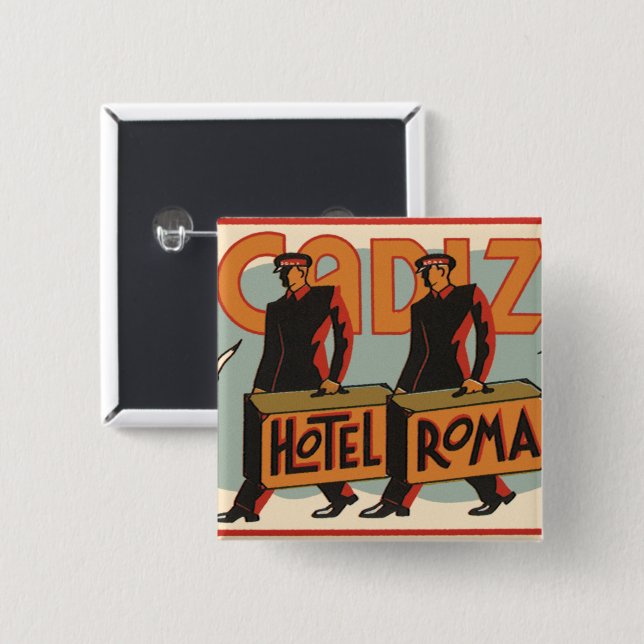 Vintage Travel Bellhops Hotel Roma, Cadiz, Spain Button (Front & Back)