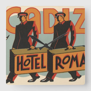 Vintage Travel Bellhops Hotel Roma, Cadiz, Spain Square Wall Clock