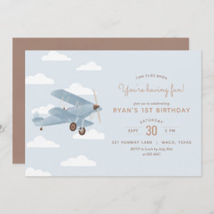 Vintage Travel Biplane Boy Birthday Party Invitation