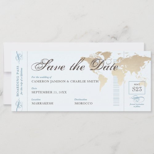 Vintage Travel Blue Tan World Map Boarding Pass Sa Save The Date