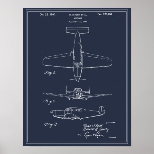 Vintage Travel Blueprint Art 1940 Airplane Patent Poster