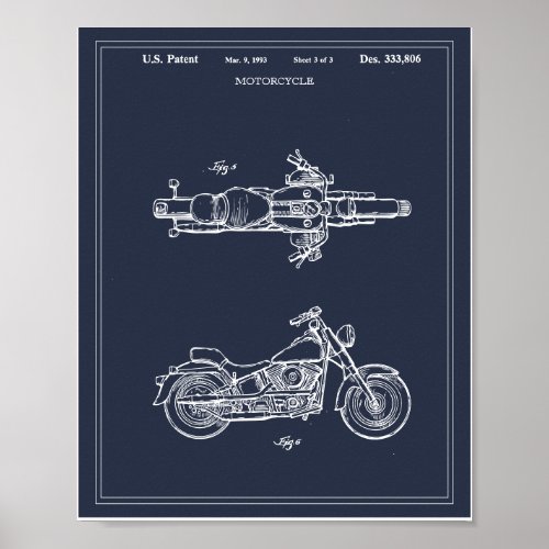 Vintage Travel Blueprint Art Motorcycle Patent Poster