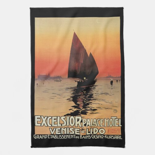 Vintage Travel Boats at Excelsior Palace Venice Kitchen Towel