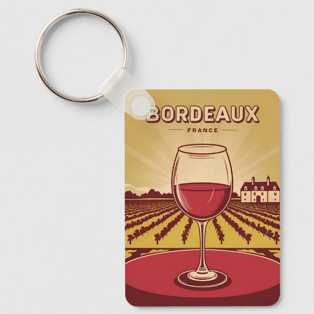 Vintage Travel Bordeaux France Vineyard Landscape Keychain (Front)