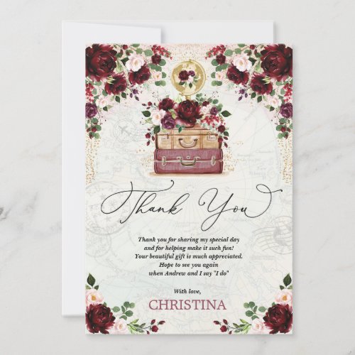 Vintage Travel Bridal Shower Burgundy Blush Floral Thank You Card