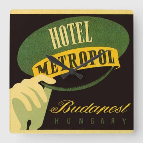 Vintage Travel Budapest Hungary Bellhop Hat Square Wall Clock