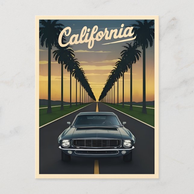 Vintage Travel California Sunset Muscle Car Postcard (Front)