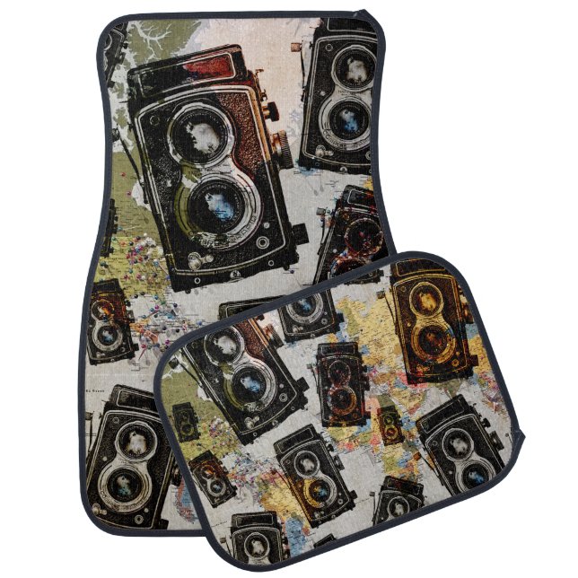 Vintage Travel Camera Pattern Car Floor Mat (Set)