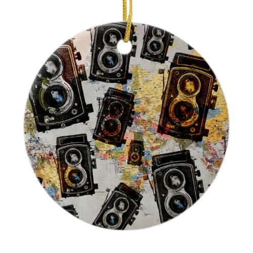 Vintage Travel Camera Pattern Ceramic Ornament