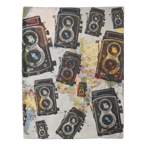 Vintage Travel Camera Pattern Duvet Cover