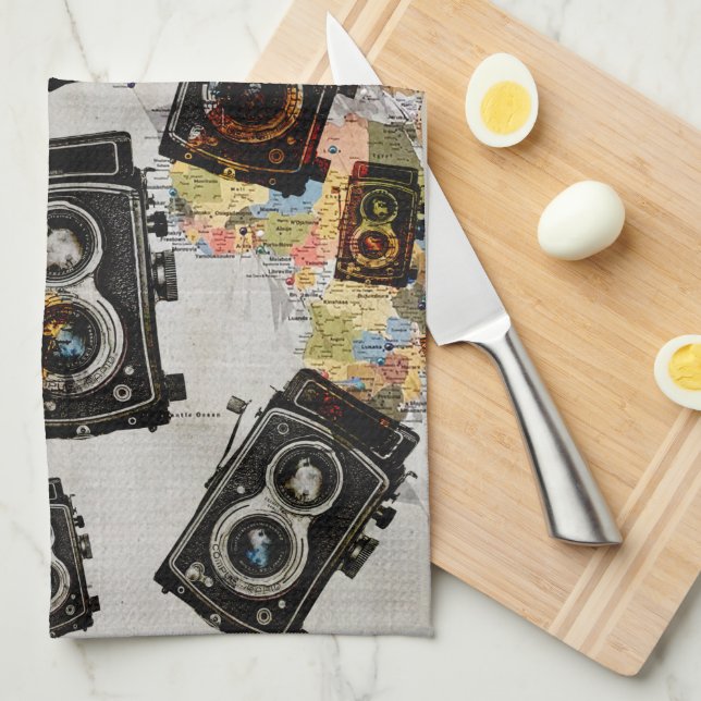 Vintage Travel Camera Pattern Kitchen Towel (Quarter Fold)