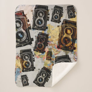 Vintage Travel Camera Pattern Sherpa Blanket