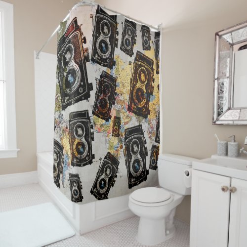 Vintage Travel Camera Pattern Shower Curtain