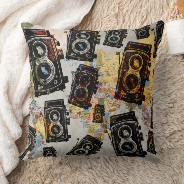 Vintage Travel Camera Pattern Throw Pillow (Blanket)