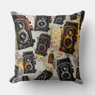 Vintage Travel Camera Pattern Throw Pillow