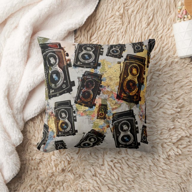 Vintage Travel Camera Pattern Throw Pillow (Blanket)