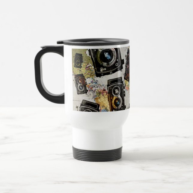 Vintage Travel Camera Pattern Travel Mug (Left)