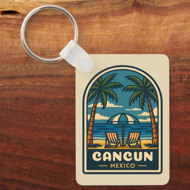 Vintage Travel Cancun Mexico Beach Seaside Retro Keychain (Front)